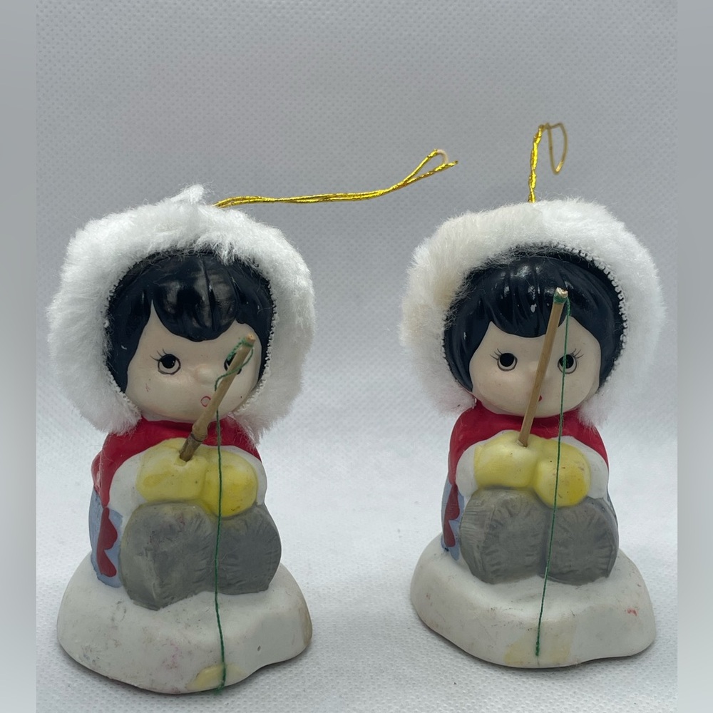 Vintage Fishing Eskimos Bell Ornament 1986 Faux Fur Hat Porcelain Boa Pair Set 2